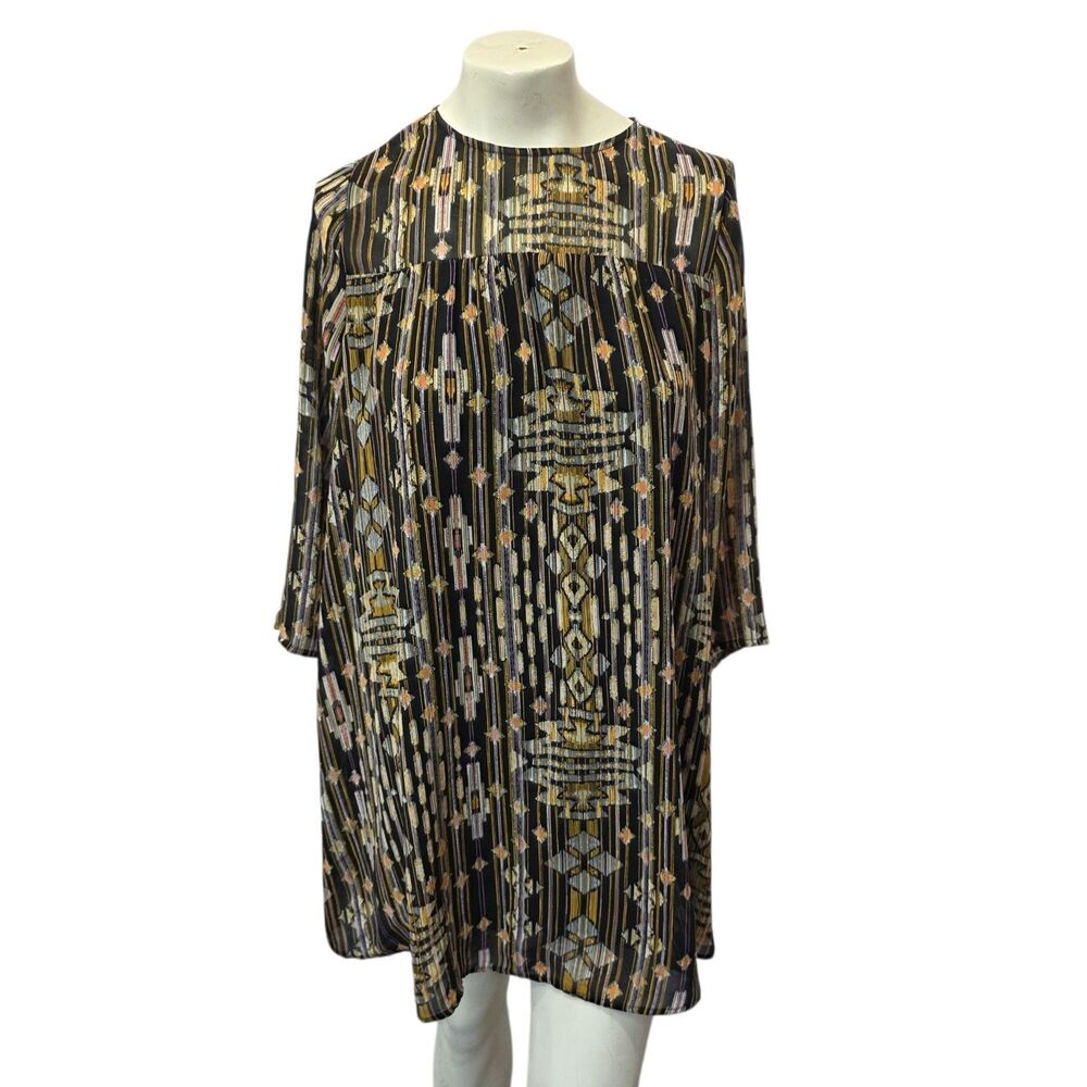 H&M Boho Tribal Print Shift Dress Womens 6‎ Black Gold 3/4 Sleeve Tunic